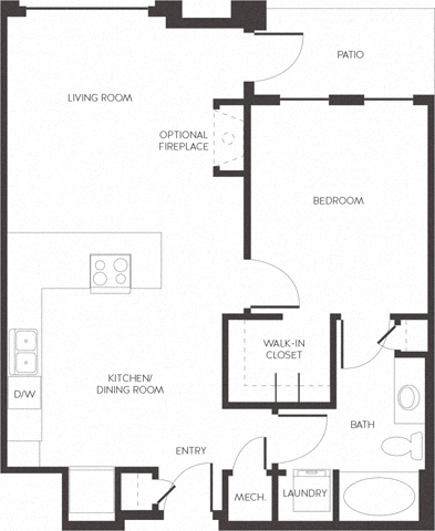 Floor plan for 1 bed, 1 bath, 807 sqft